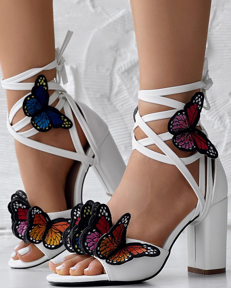 Butterfly Pattern Crisscross Strappy Chunky Heeled Sandals