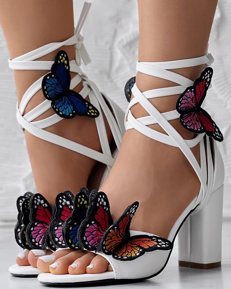 Butterfly Pattern Crisscross Strappy Chunky Heeled Sandals