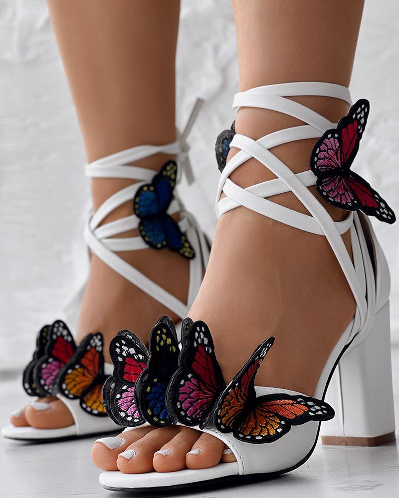 Butterfly Pattern Crisscross Strappy Chunky Heeled Sandals