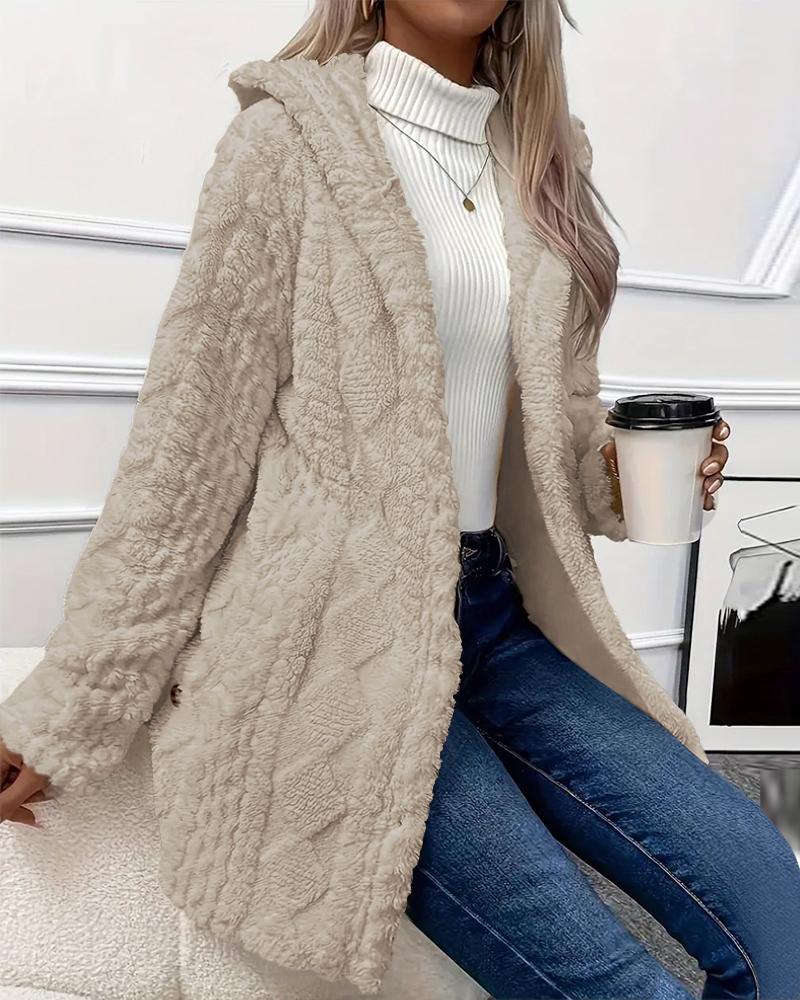 Argyle Textured Button Down Side Slit Long Sleeve Fleece Teddy Coat Hooded Jacket Warm Outwear