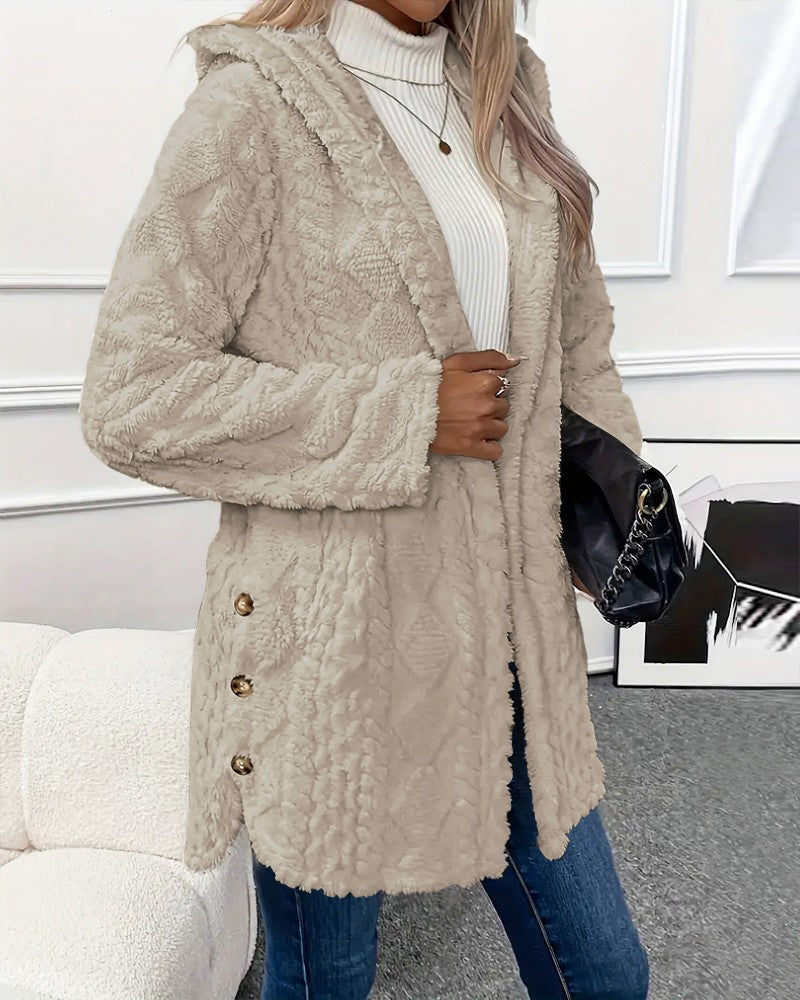 Argyle Textured Button Down Side Slit Long Sleeve Fleece Teddy Coat Hooded Jacket Warm Outwear