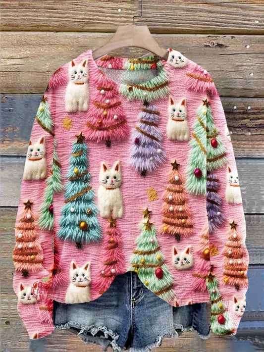 Christmas Tree Cute Cat 3D Print Knit Pullover Sweater