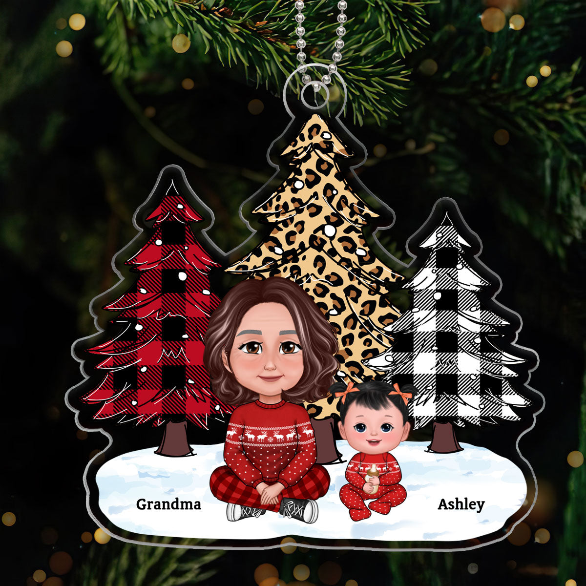 Leopard Checkered Pattern Christmas Tree Grandma Grandkids Personalized Acrylic Ornament